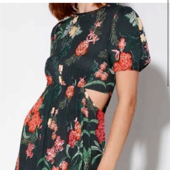 Walter Baker Wanita Rain Forest Green Floral Puff Sleeve Midi Dress Size XL NWT - Picture 2 of 12